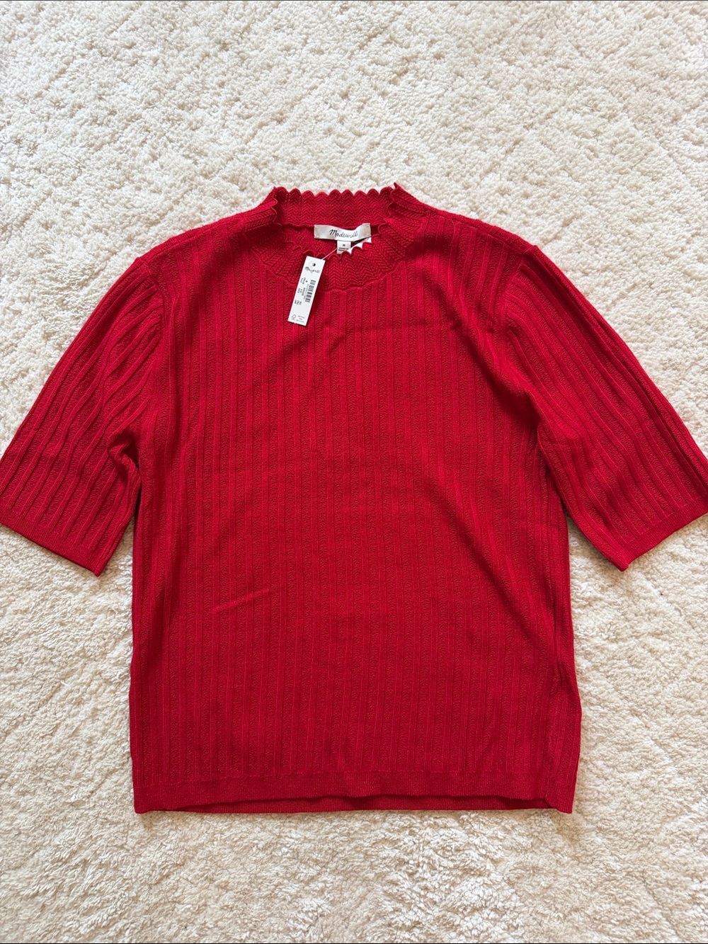 Madewell Red Ribbed Short-Sleeve Crewneck Sweater